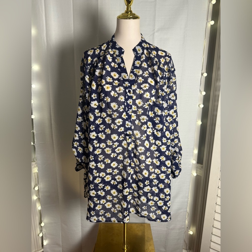 Truth Blue and White Blouse Sheer Floral Top